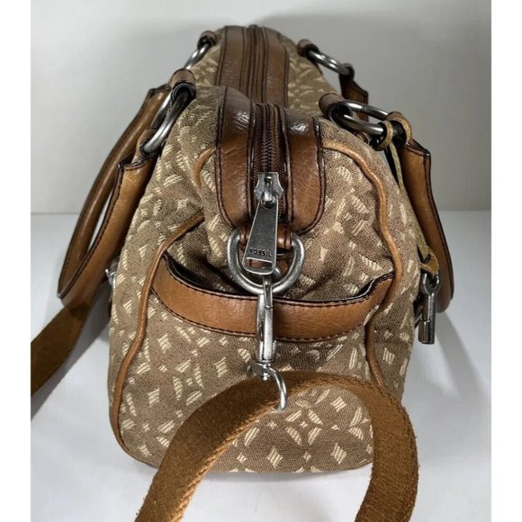 Fossil Brown Patterned Fabric and Leather Satchel Shoulder Bag - Picture 6 of 12
